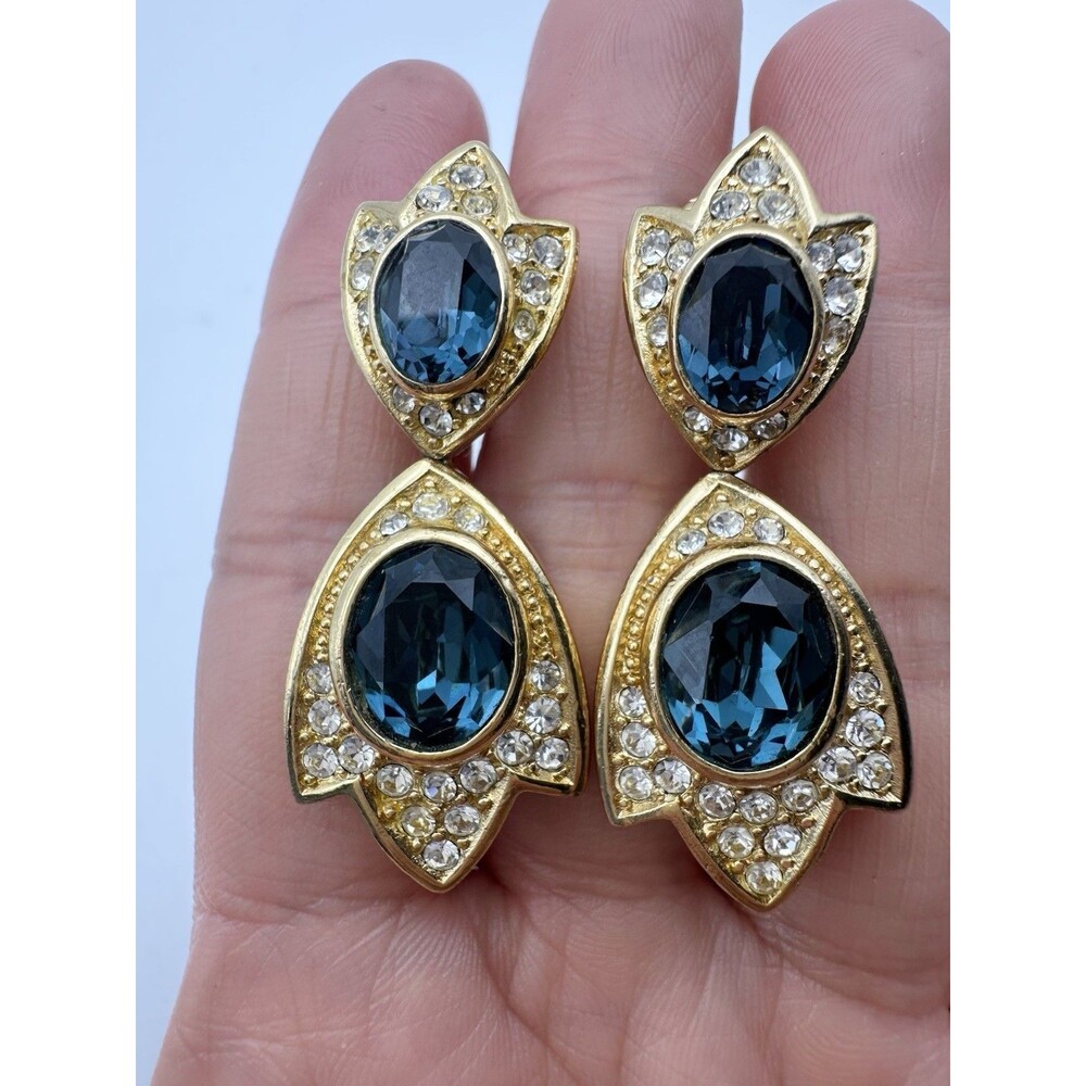 Vintage Christian Dior Clip On Earrings Sapphire Peacock Feather 1980s